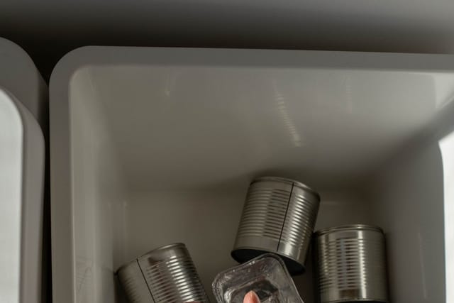 Empty metal cans with their labels removed, lying in a white plastic tub.