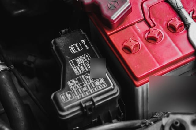 A car battery with a red top and its terminals, seen inside a car engine bay.
