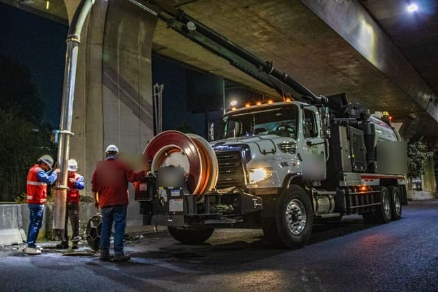 Workers in hard hats beside a vacuum tanker truck emptying a sewer under a road bridge at night.