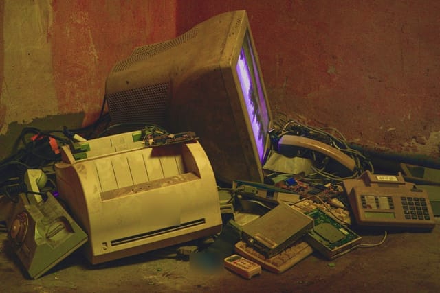 An old computer monitor, a printer, telephones and loose circuit boards dumped in a heap on the floor.