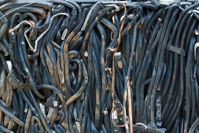 A dense bundle of old black electrical cable and wire packed together for recycling.
