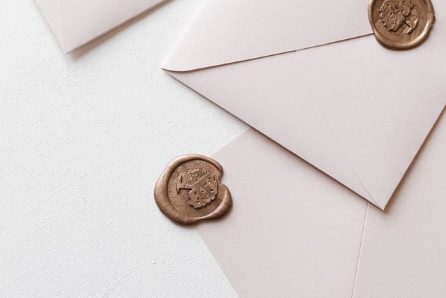 Two white envelopes closed with bronze wax seals on a white surface.
