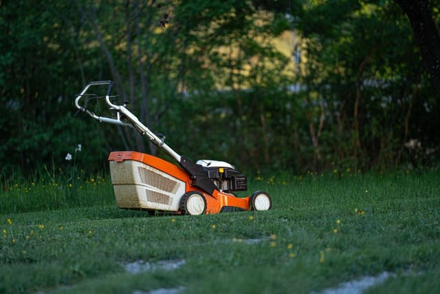 An orange petrol lawnmower standing on a green lawn.